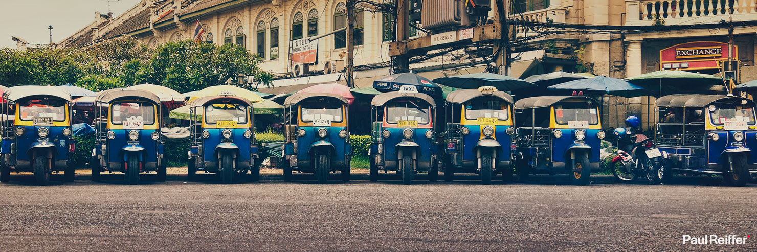 Tuk Tuk Tuktuk Phuket Old Town Line Up Panoramic Cars Scooters Bikes Thailand Blue Traditional Paul Reiffer Photographer