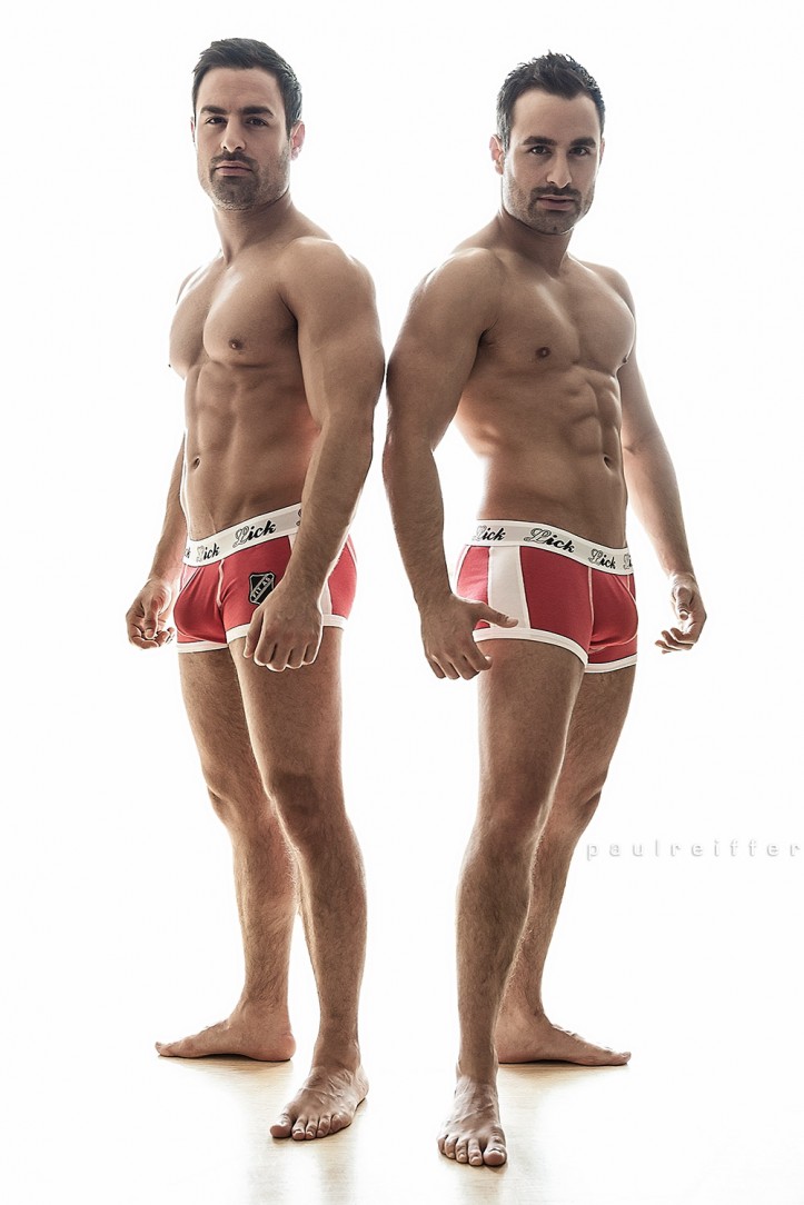 Dino and Georgio Geodiades - The Only Way Is Essex TOWIE Twins - Lick Underwear photo shoot - topless photography - male models - Paul Reiffer Professional Photographer London