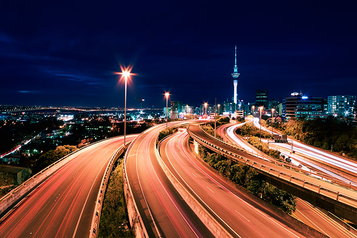 Auckland Hopetoun Road Spaghetti Junction Sky Tower Light Trails Traffic Freeway Night Cityscape Paul Reiffer Photographer Landscape