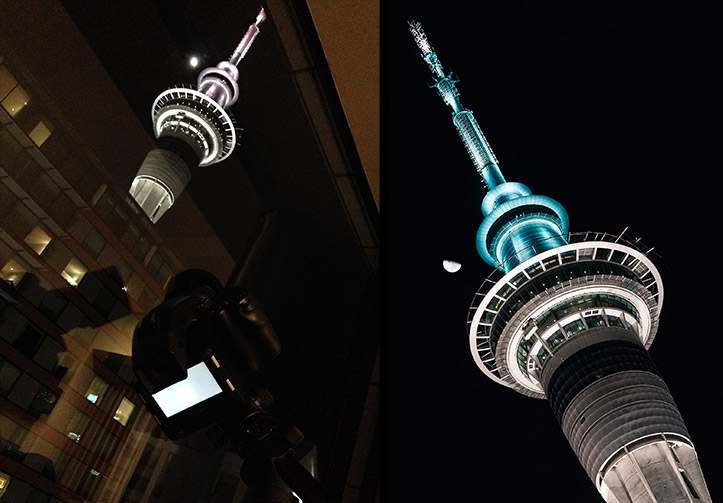 Sky Tower Auckland Night Moon Shot Angle Above City Paul Reiffer Photographer