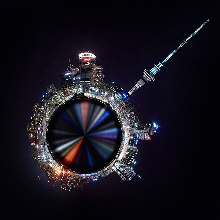 tiny planet auckland night lights cityscape paul reiffer professional landscape commercial photographer