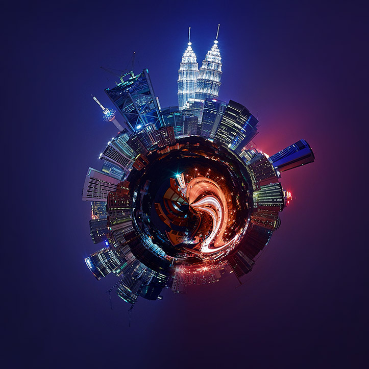 tiny planet kuala lumpur kl klcc petronas towers night traffic light stream malaysia capital city cityscape paul reiffer professional landscape commercial photographer