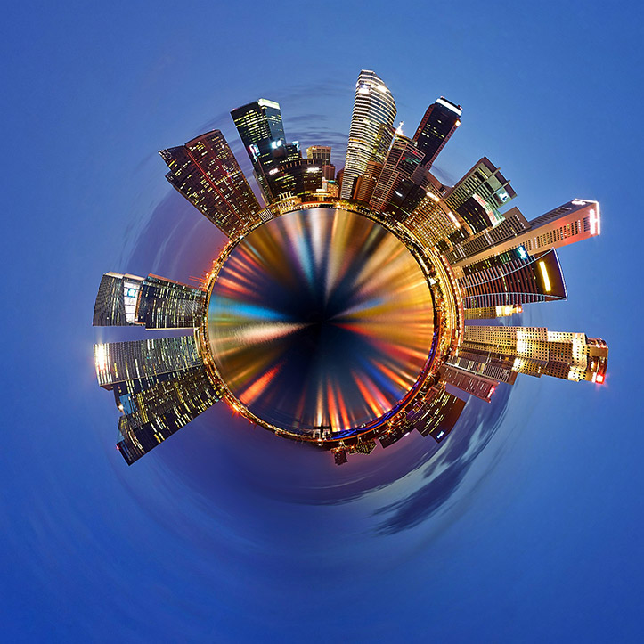 tiny planet singapore marina bay harbour skyscrapers night lights sunset cityscape paul reiffer professional landscape commercial photographer