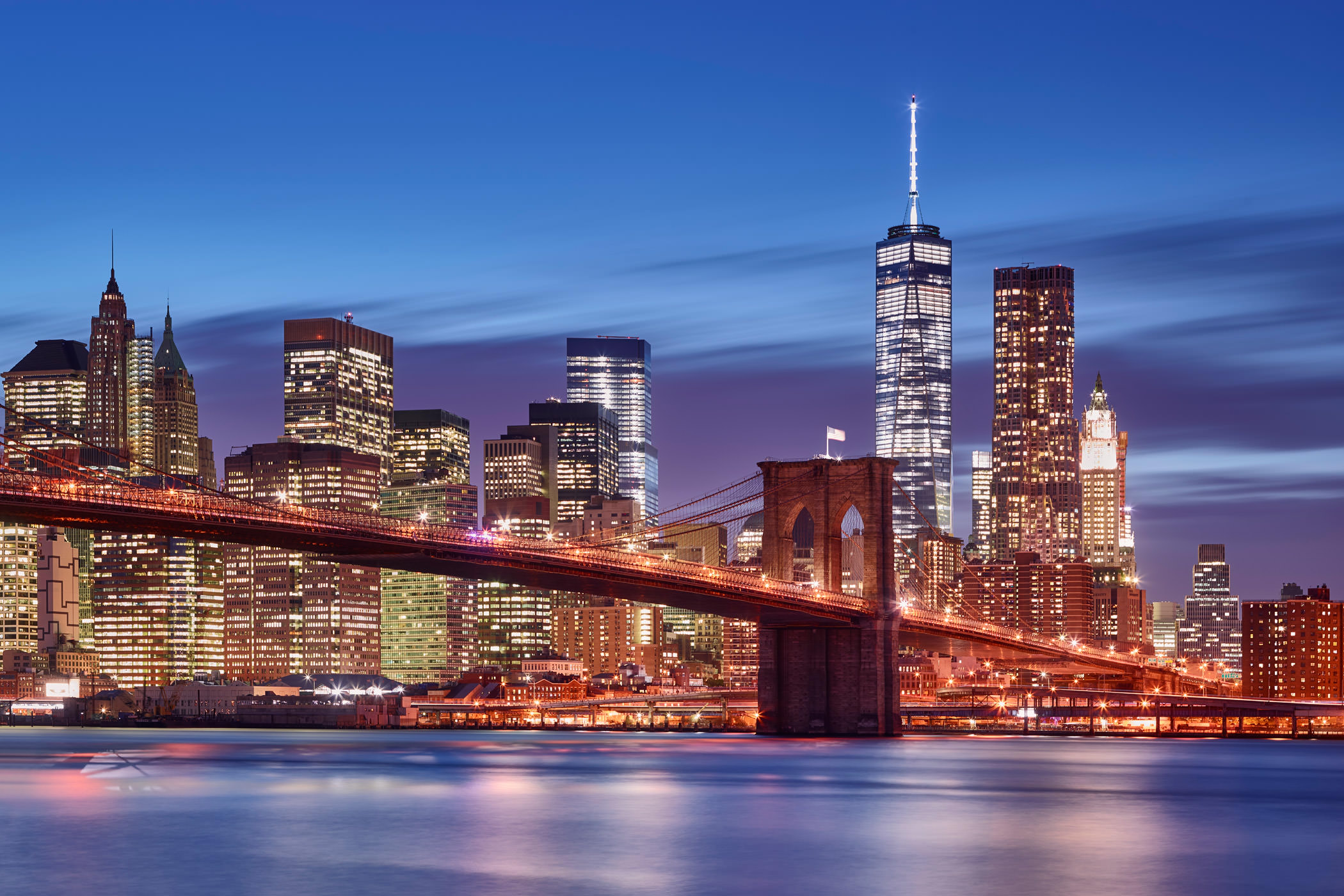 Stone And Steel New York City Brooklyn Bridge Freedom Tower One World Trade Center Financial District FiDi Manhattan Long Exposure Night Sunset Lights Cityscape Paul Reiffer Photographer@2x 