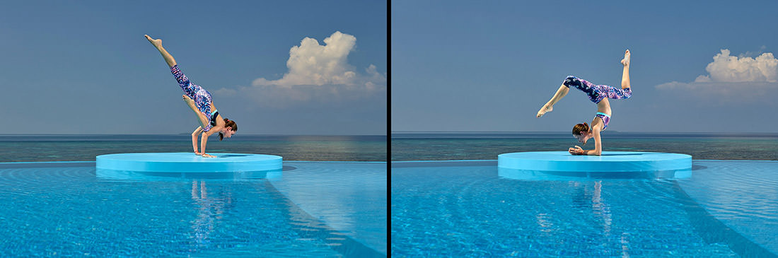 Tara Stiles W Maldives Retreat Strala Yoga Rebel Poses Infinity Pool Extreme Wow Ocean Haven Platform Water Blue Paul Reiffer Photographer