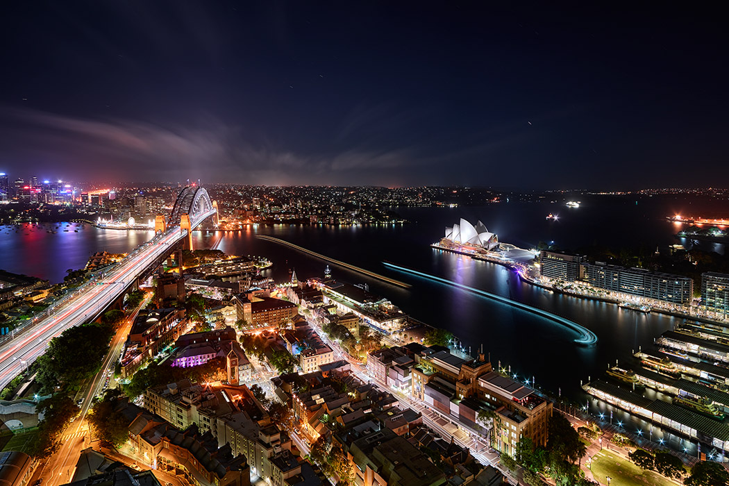 Above Down Under Sydney Skyline Harbour Bridge Opera House Shangri-La Roof Top Paul Reiffer Photographer
