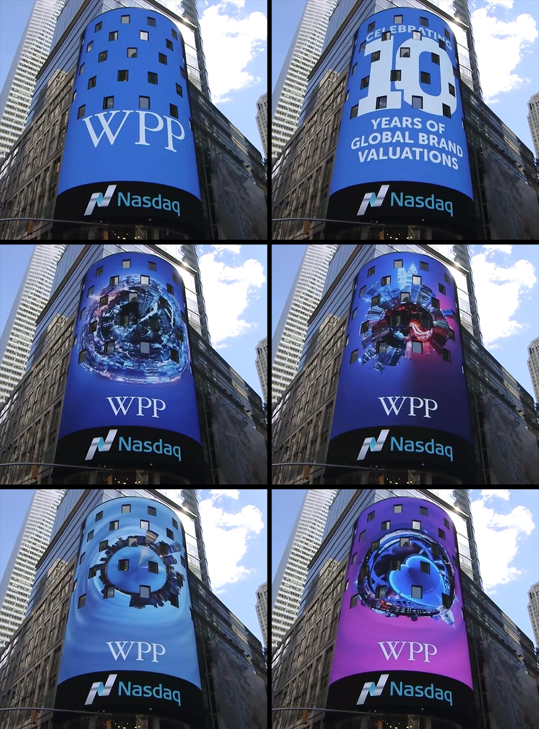 Close Up Big Screen Broadway WPP NASDAQ Times Square New York July 2015 Tiny Planets Brandz Top 100 10 Year Anniversary Celebration Paul Reiffer Sir Martin Sorrell CEO Stock Market