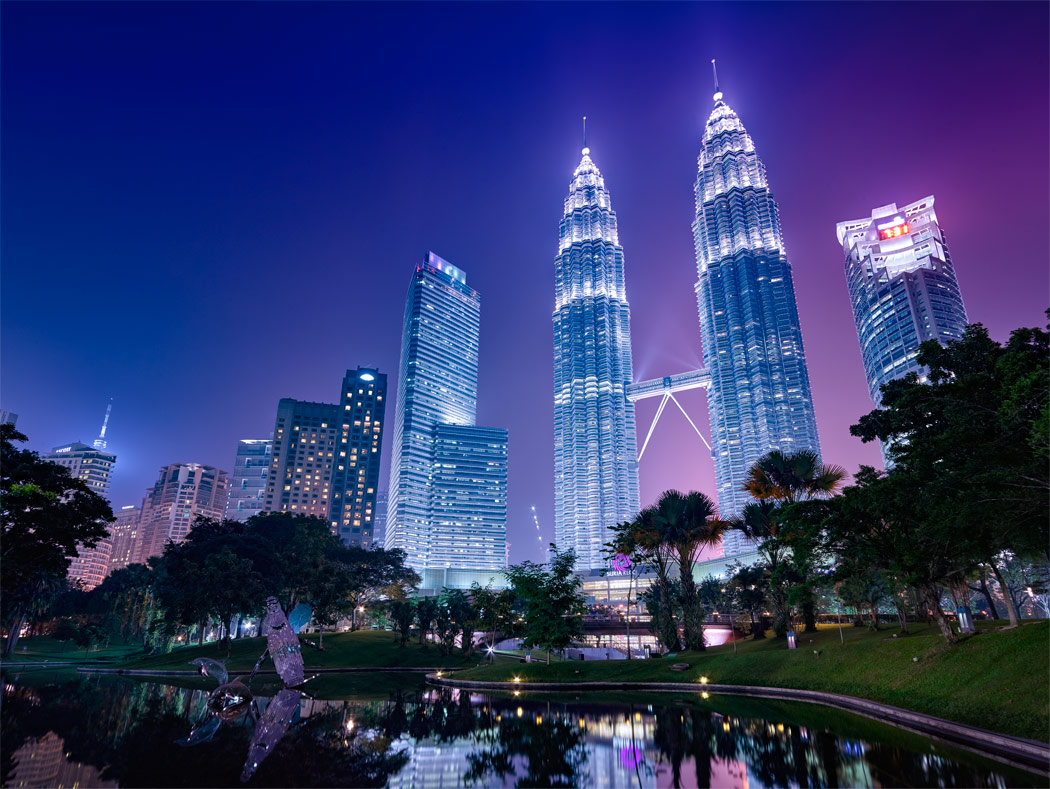 KLCC Towers Reflection Reflecting Pool Sculpture Park Petronas Towers Suria Mall Night Long Exposure Smog Haze 2015 Paul Reiffer