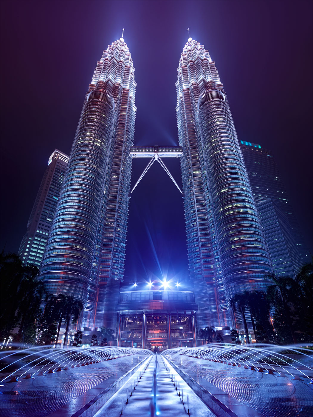 Kuala Lumpur KLCC Petronas Towers Malaysia City Center Fountains Front Entrance Night Long Exposure Professional Landscape Cityscape City Photographer Paul Reiffer Blue Lights