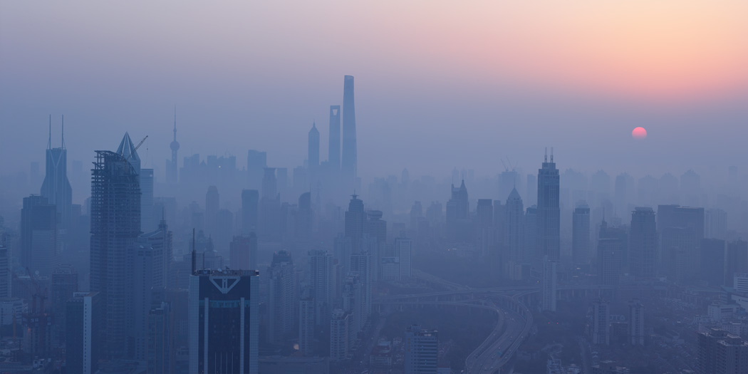 Shanghai Sunrise Through Pollution AQI Smog Daily Air Quality Skyscrapers Skyline City Cityscape Paul Reiffer Leaving China 2015 Rooftop