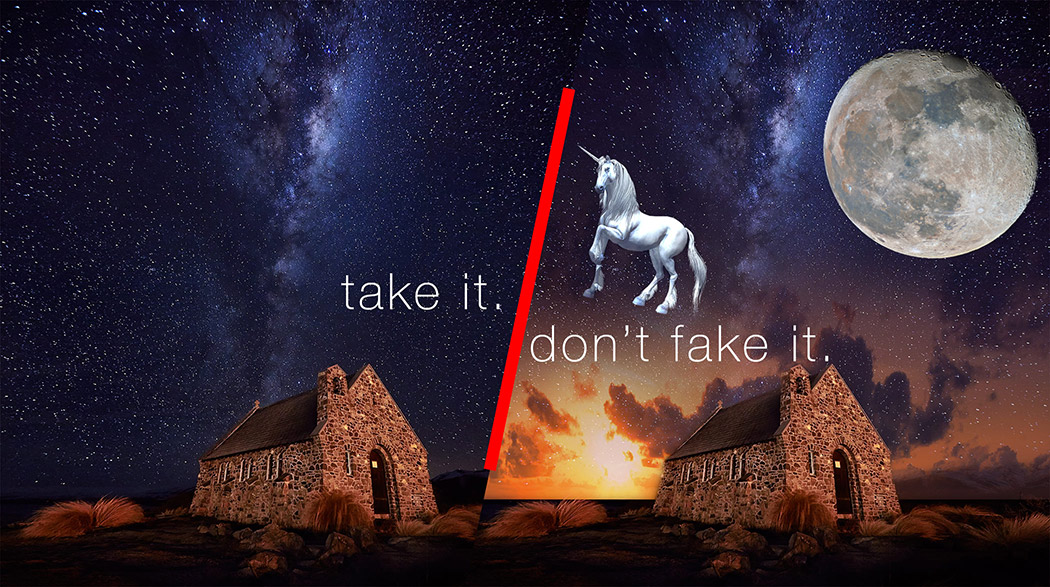 take it dont fake it lake tekapo unicorns photoshop creative blending not photography bad art cheating false photos sunset stars moon