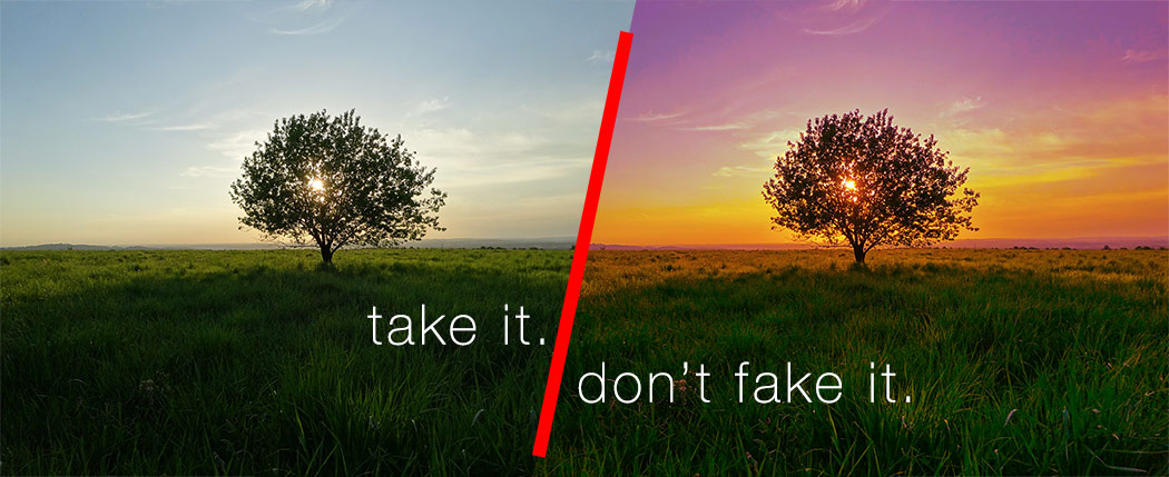 take it dont fake it lone tree starburst flare superimposed sky field photoshop creative blending not photography bad art cheating false photos sunset stars moon