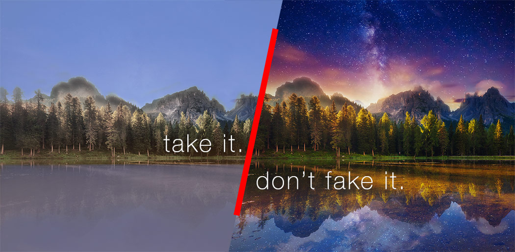 take it dont fake it milky way superimposed trees reflections photoshop creative blending not photography bad art cheating false photos sunset stars moon