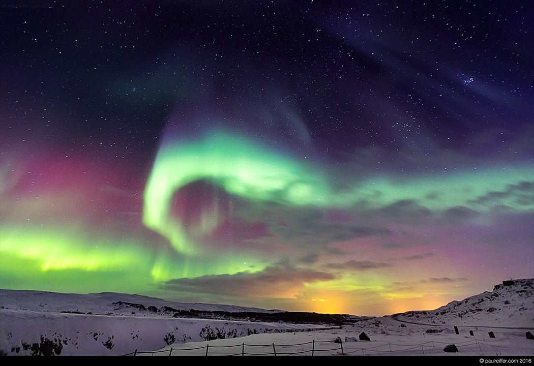 iceland aurora borealis northern lights gullfoss snow capped mountains winter 2016 paul reiffer photographer