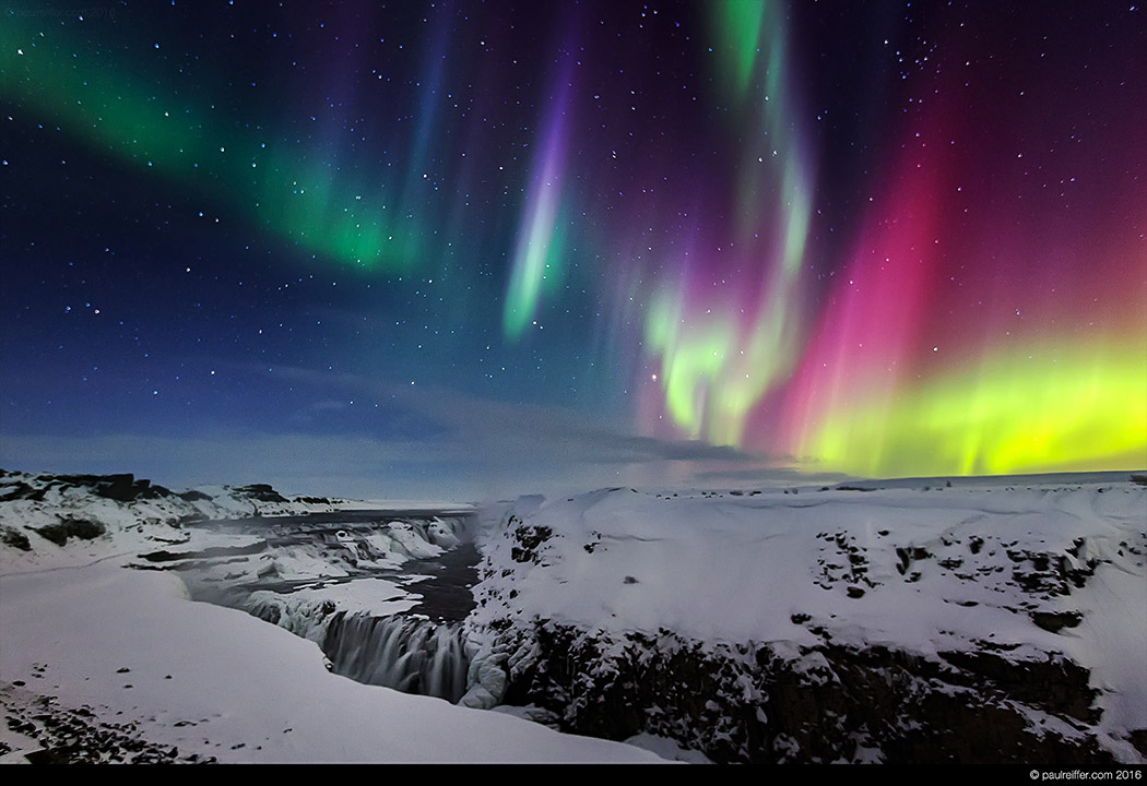iceland aurora borealis northern lights gullfoss waterfall winter 2016 paul reiffer photographer