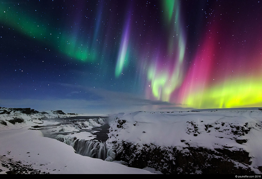 iceland aurora borealis northern lights gullfoss waterfall winter 2016