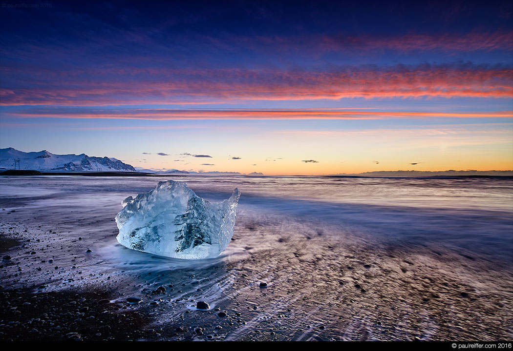 jokulsarlon glacier lagoon sunrise winter ice fragment glacier floating lake iceberg iceland photography detailed medium format copyright paul reiffer professional photographer