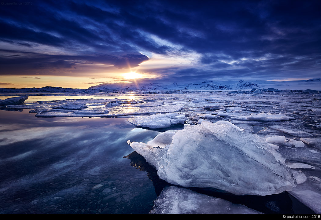 jokulsarlon glacier lagoon sunset winter ice fragment glacier floating lake iceberg iceland photography detailed medium format copyright paul reiffer professional photographer