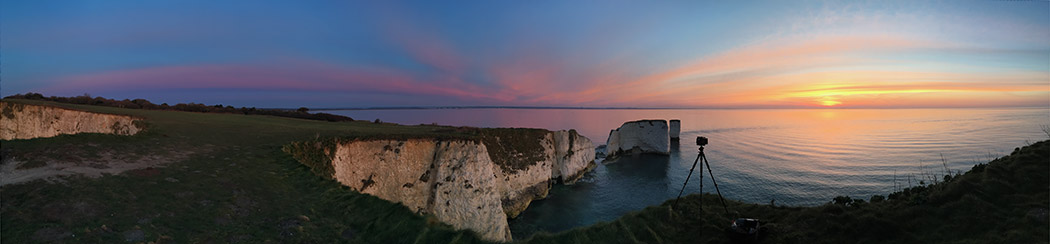sunrise old harry rocks attempt 3 iphone panoramic pano bts behind scenes phase one paul reiffer landscape professional photographer dorset coastline pink sky