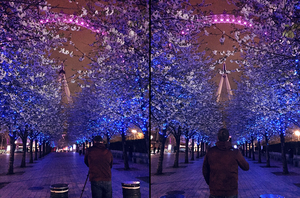 Blossom Lined Street Avenue London Eye Wheel Blue Night Lights Paul Reiffer BTS Behind Scenes iPhone