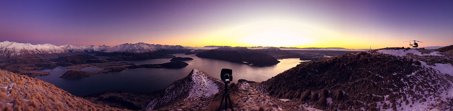 sunrise panoramic iphone heli shoot helicopter photography mt roys peak lake wanaka paul reiffer behind the scenes bts winter
