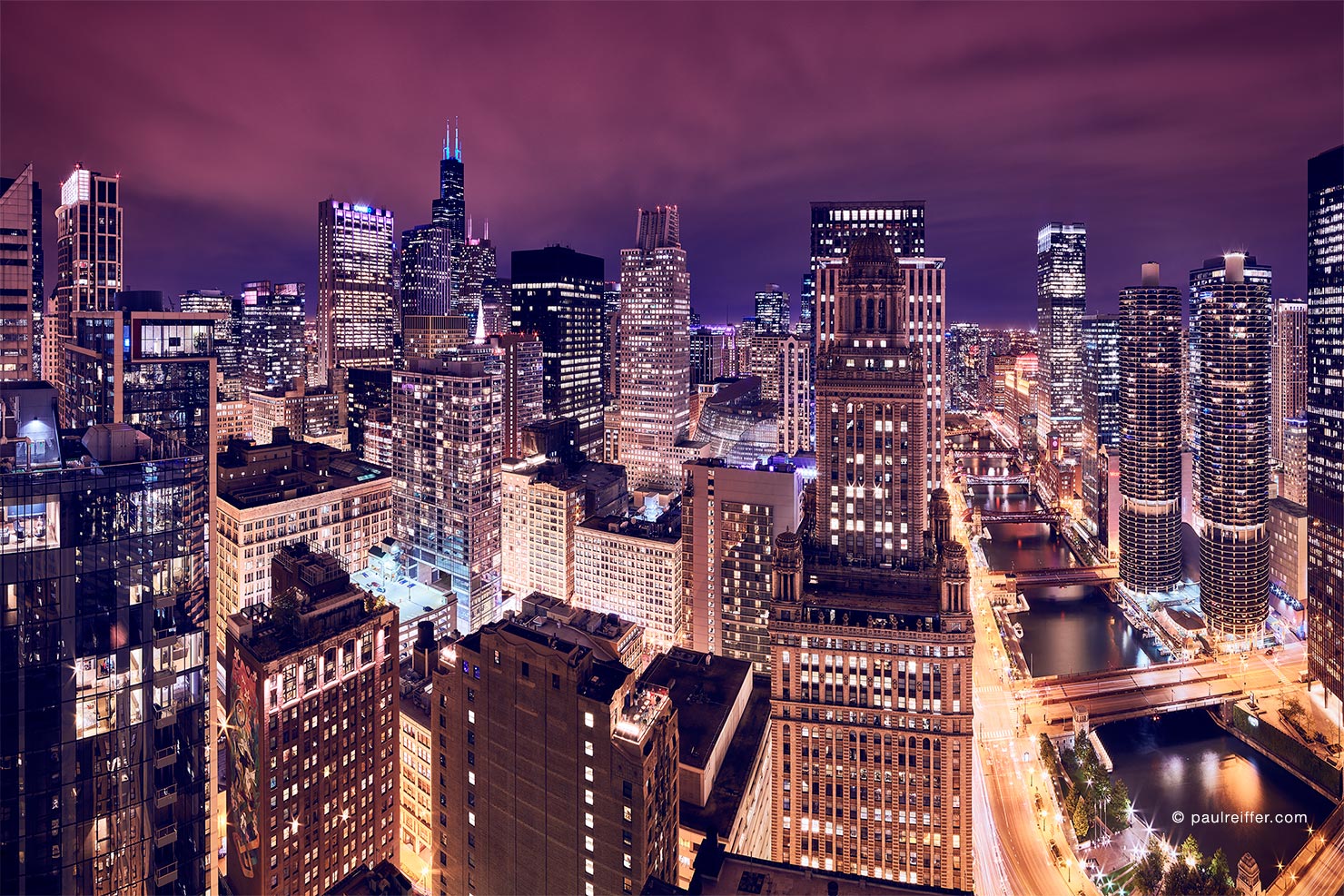 chicago cityscape skyline night rooftop paul reiffer 100 megapixel high resolution image long exposure photography photographer usa uk