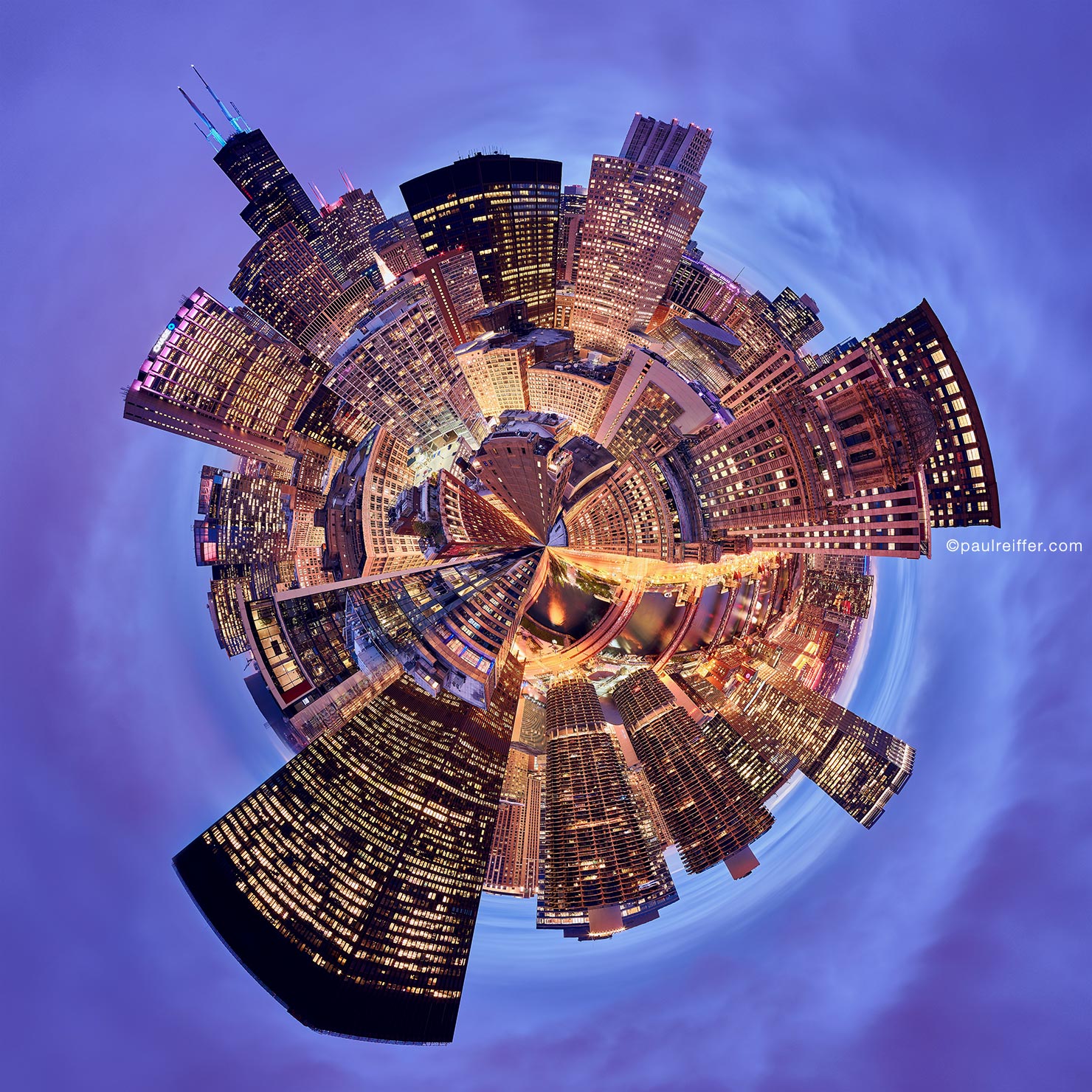 tiny planet rooftop chicago paul reiffer hard rock hotel carbide carbon river cityscape city night 100mp downtown 360 vr