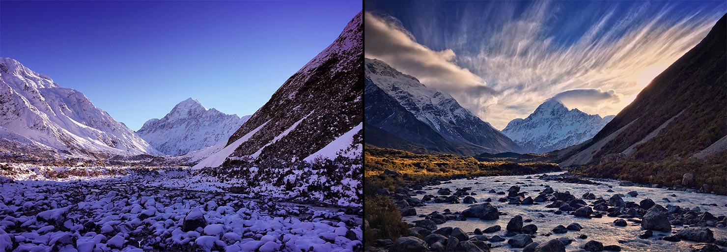one week difference winter ice snow sunshine hooker valley track new zealand aoraki mt cook cold hike paul reiffer iphone