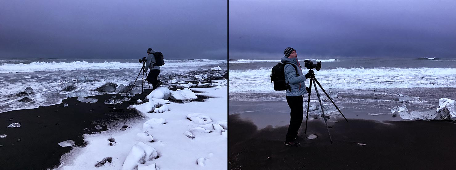 BTS shooting photography jokulsarlon black sand diamond beach iceland paul reiffer photographer waves morning icebergs glacier