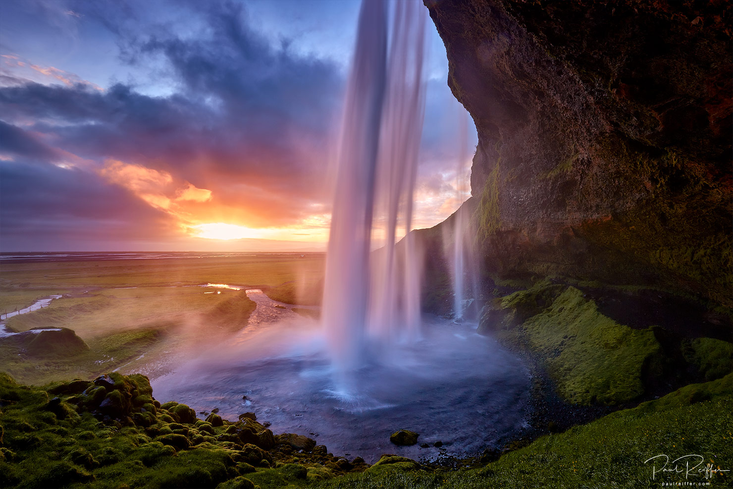 Seljalandsfoss Waterfall Iceland Midnight Sun Paul Reiffer Photographer Copyright Sunset Water Long Exposure Summer
