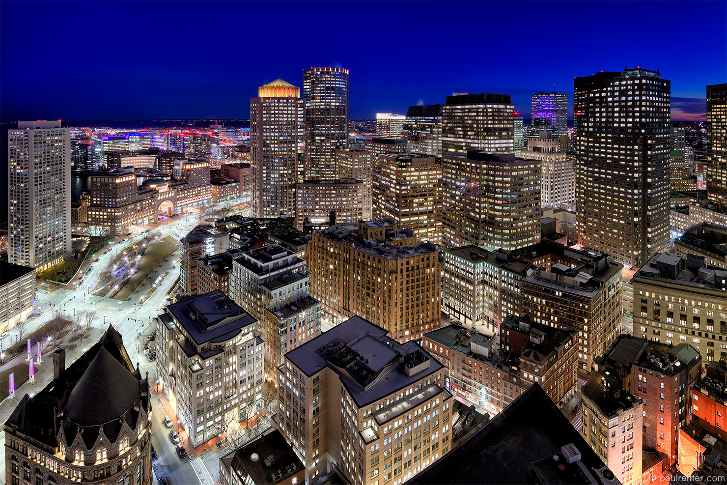 Cityscape South Boston Night City Financial District Lights Rooftop Custom House Paul Reiffer Sunset Photographer Phase One Trichromatic 100MP Panoramic Pano Detail