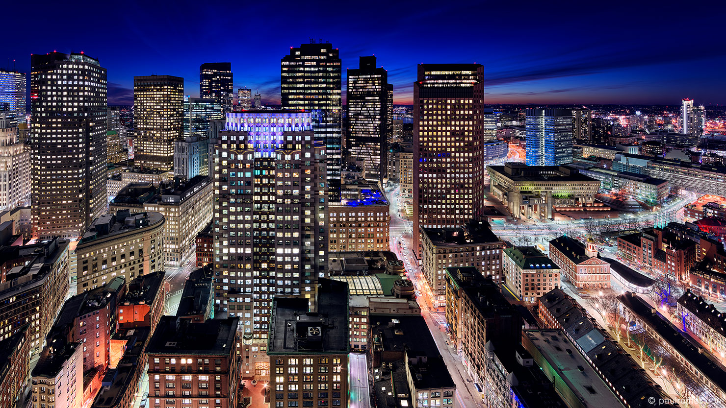 Cityscape West Central Boston Night City Lights Rooftop Custom House Paul Reiffer Blue Hour Photographer Phase One Trichromatic 100MP Panoramic Pano Detail