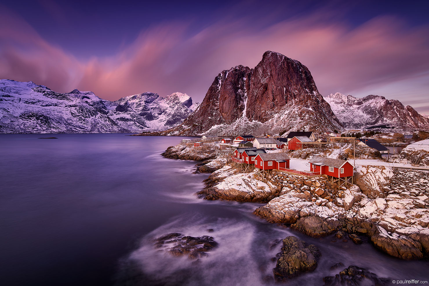 Lofoten Fishermans Cottages Hamnoy Red Sunrise Glow Sky Paul Reiffer Photographer Workshop Photography Luxury Bespoke Private Norway