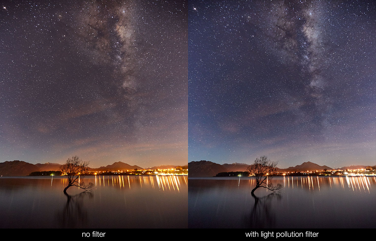 New Zealand Wanaka Comparison Light Pollution Nisi Natural Night Rollei Astroklar Filter Paul Reiffer raw no