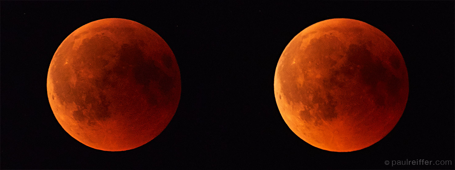 Side By Side Blood Moon Lunar Eclipse Full Total Hamburg Sky Night Paul Reiffer Professional Photographer Rooftop Holiday Inn Rollei Dark Canon 400mm DO 2018 July Red