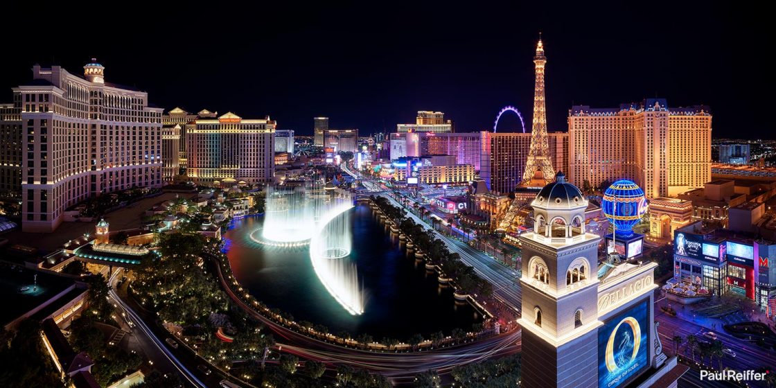 Las Vegas Cityscape City Hotels Downtown South City Center paul reiffer photographer professional bellagio cosmopolitan fountains night strip paris lake lights flamingo phase one aerial