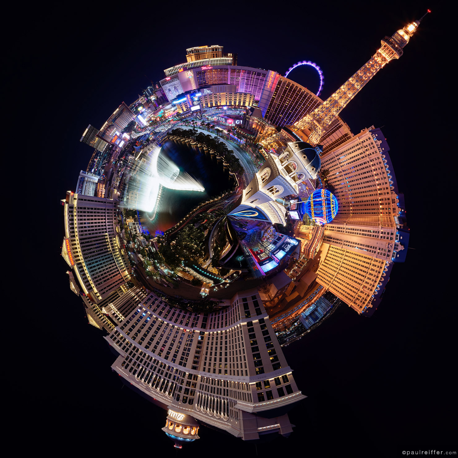 Las Vegas tiny planet paul reiffer bellagio cosmopolitan fountains night strip paris lake lights flamingo