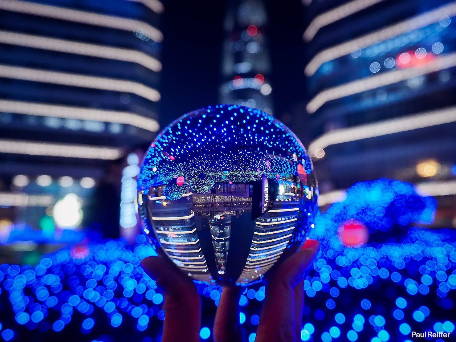 IFC Shanghai Lujiazui Towers Blue Lights Night Glass Ball Photography Lensball Rollei Guide How To Paul Reiffer Photographer Professional