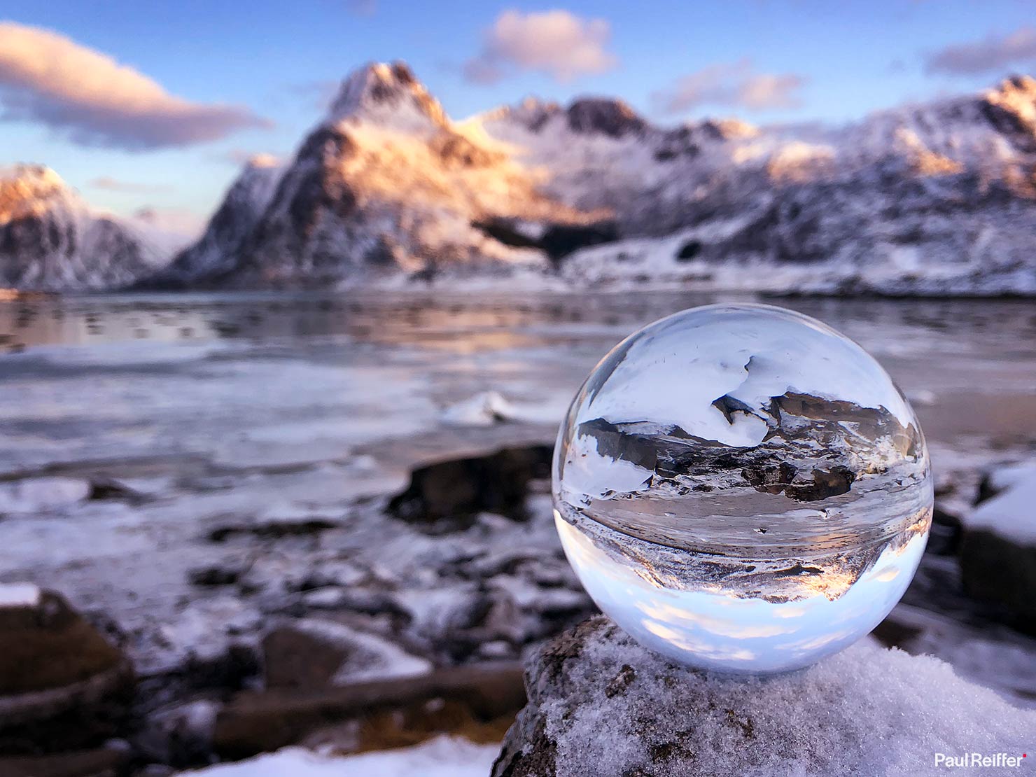 Norway Lofoten Flakstad Frozen Lake Paul Reiffer Glass Ball Lensball Photography Rollei Paul Reiffer Professional Photographer Guide How To