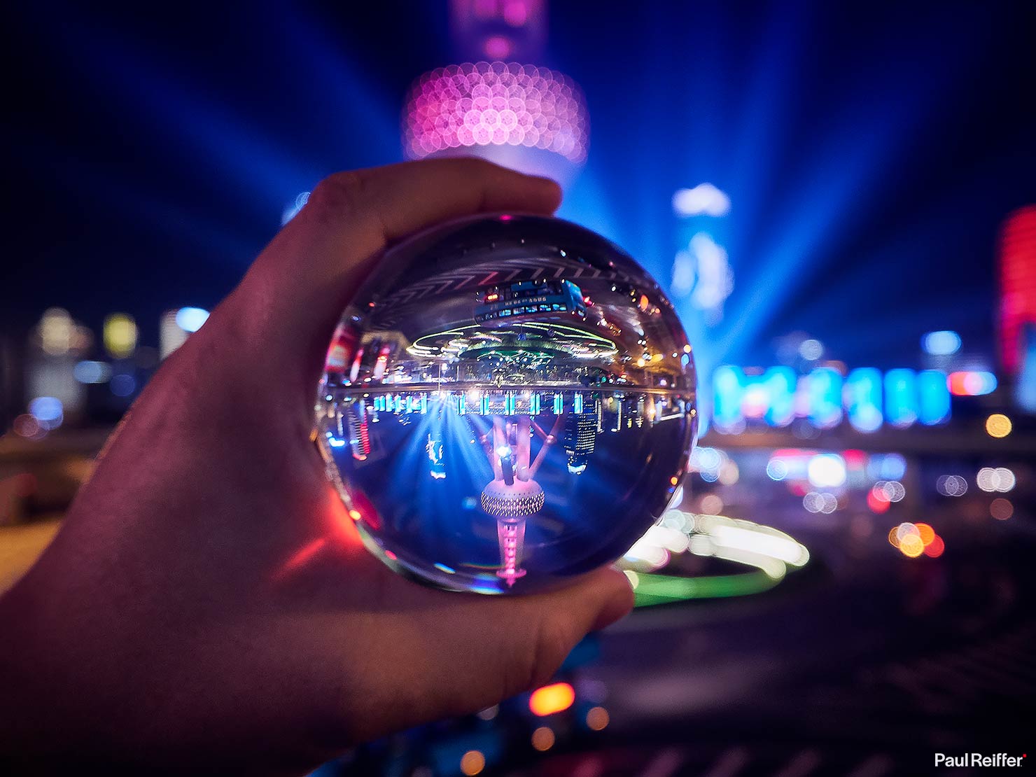 Oriental Pearl Tower Shanghai Night Light Show Lens Glass Ball Fisheye Photography Reverse Lensball Rollei Paul Reiffer Photographer Guide How To Lujiazui Skyline Cityscape