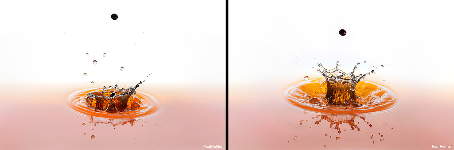 Water Droplets Drop Photography Freeze Flash Close Up Macro Slow Motion Paul Reiffer Orange Black Ball Inside Crown Double