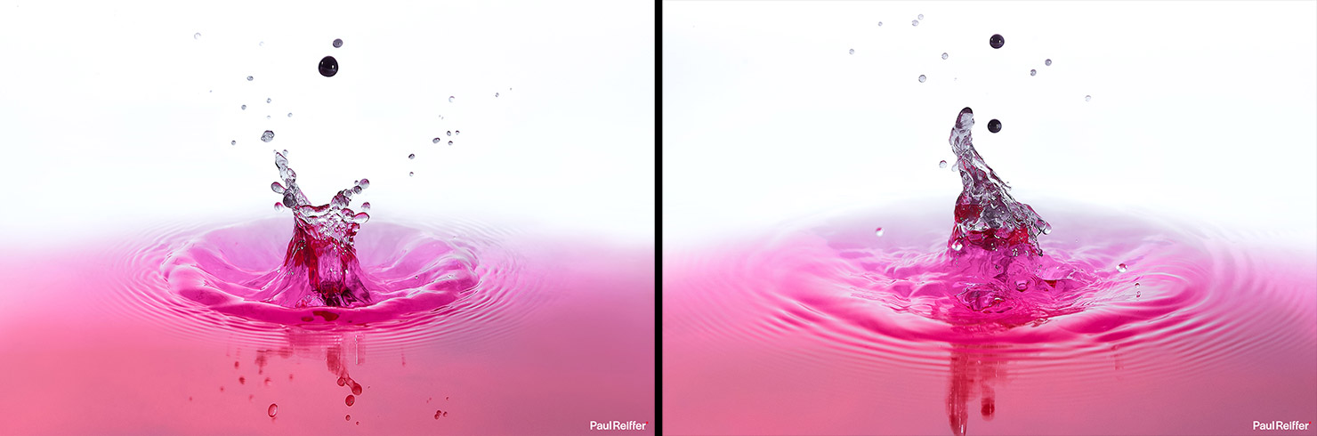 Water Droplets Drop Photography Freeze Flash Close Up Macro Slow Motion Paul Reiffer Pink White Catch Double