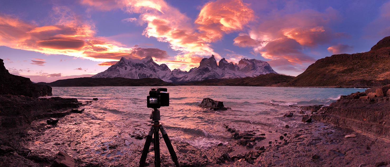 BTS Lakefront Sunset Torres Del Paine Cerro Grande Lake Pehoe Chile Patagonia Paul Reiffer Phase One Rollei Mountains Water