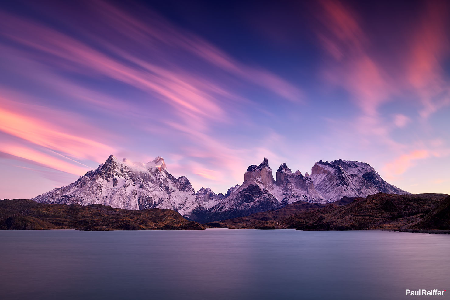 Patagonia First Light Torres Del Paine Grande Polariser CPL Mountains Sunrise Cloud Formations Paul Reiffer Phase One Medium Format XF 100MP IQ3 Lake Pehoe Chile Pink Sky