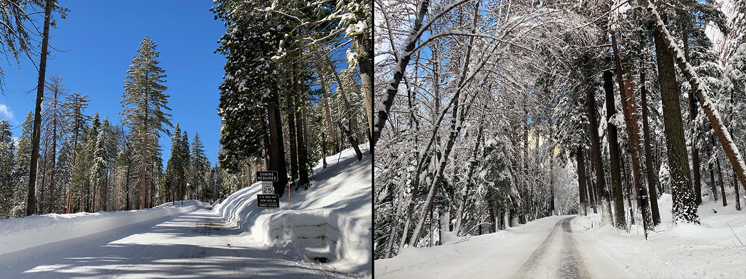 BTS Driving Winter Yosemite Valley Village Chains Required R1 R2 Snow Tires 4x4 Roads Closed Blue Sky Paul Reiffer Road Trip