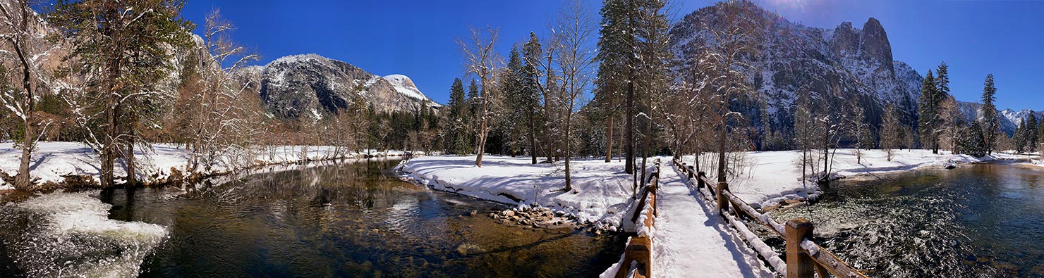 BTS View Swinging Bridge Yosemite National Park Valley Village In Winter Snow Covered Mountains Paul Reiffer Photographer Panoramic iPhone