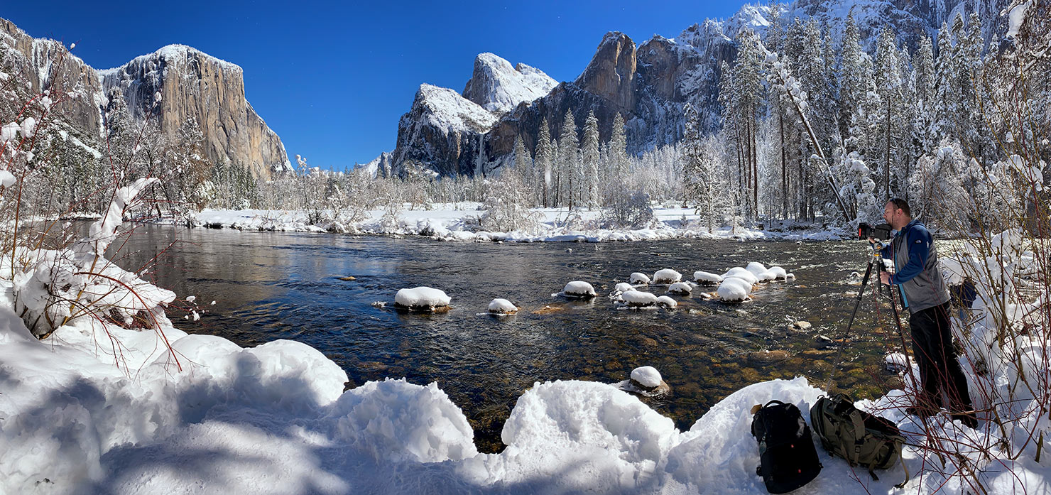 BTS Yosemite Valley View River Snow Winter Ice Paul Reiffer Professional Photography Workshops California Phase One IQ4 Expedition Adventure Panoramic Blue Sky