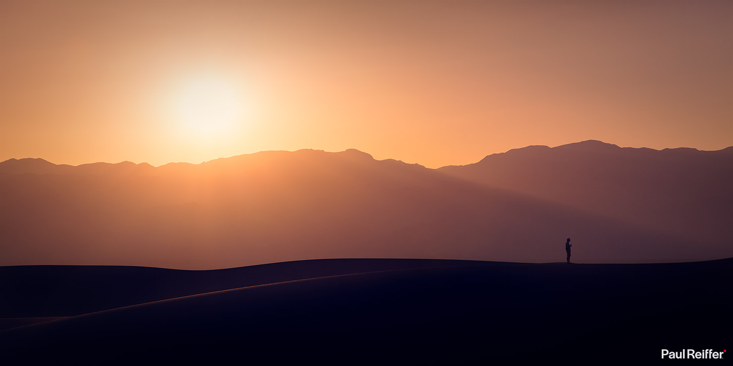 Death Valley Time For Coffee Mesquite Sand Dunes Paul Reiffer Photographer Phase One Canon Silhouette Sunset Shapes Contrast Man Solo