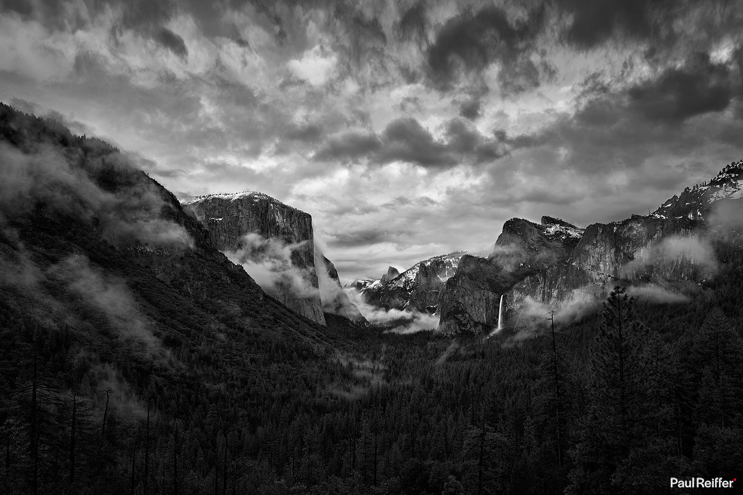 Yosemite Valley Tunnel View Sunset Clouds Sky Bridal Veil Falls El Capitan Lit Up Paul Reiffer Medium Format Phase One IQ4 Spring 2019 Black White Ansel Adams Style