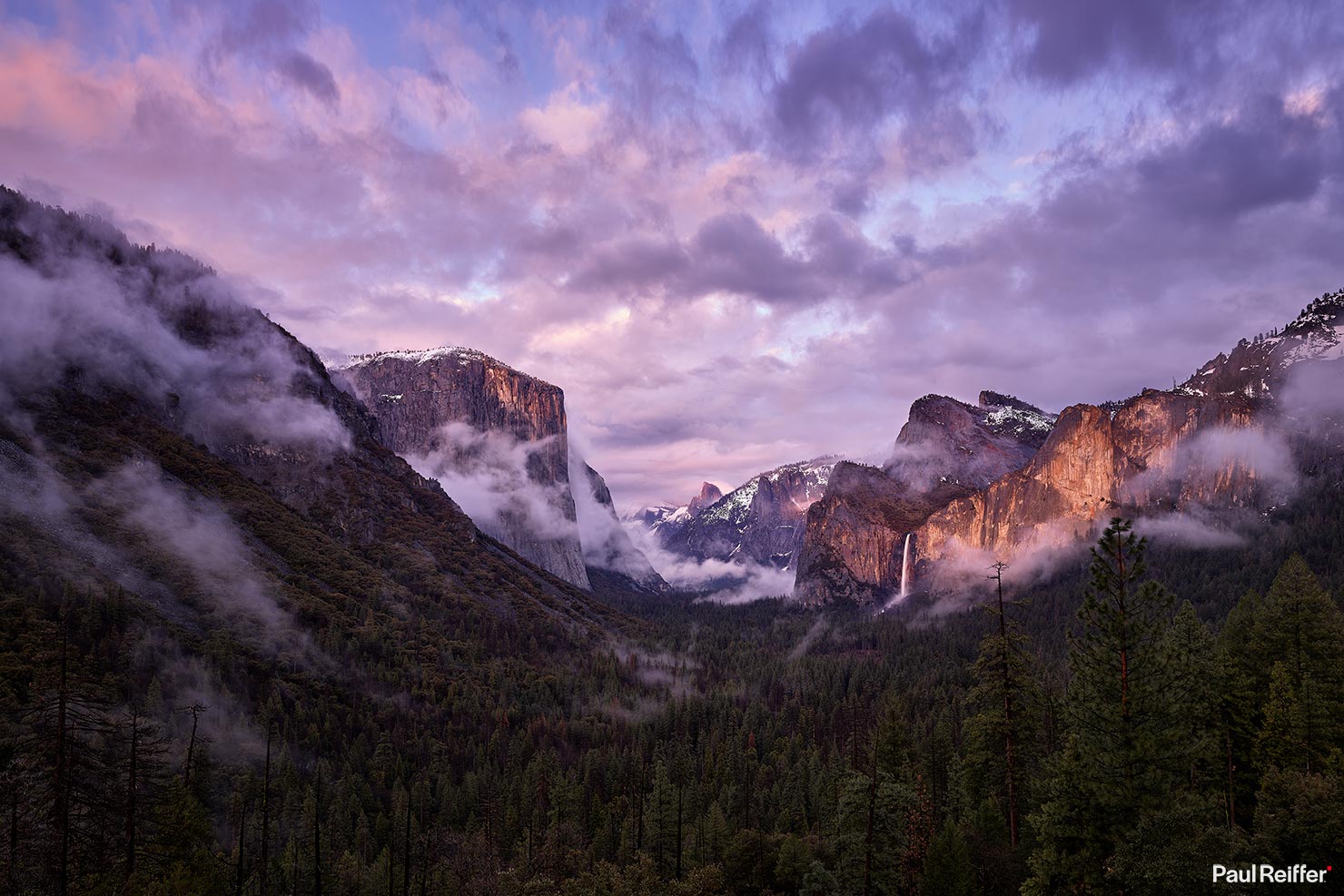 Yosemite Valley Tunnel View Sunset Clouds Sky Bridal Veil Falls El Capitan Lit Up Paul Reiffer Medium Format Phase One IQ4 Spring 2019